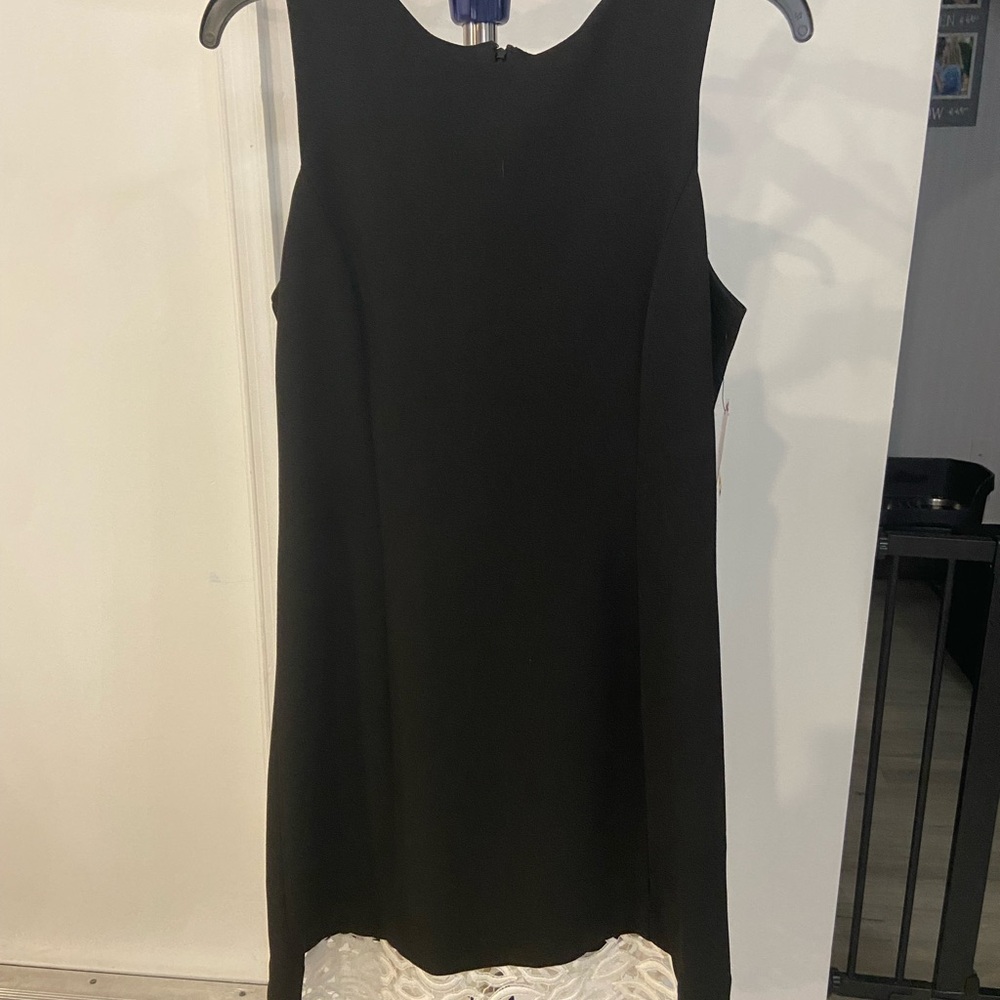 NWT Betsey Johnson Black Shift Dress with White “Lip” Print Lace Trim Size 10